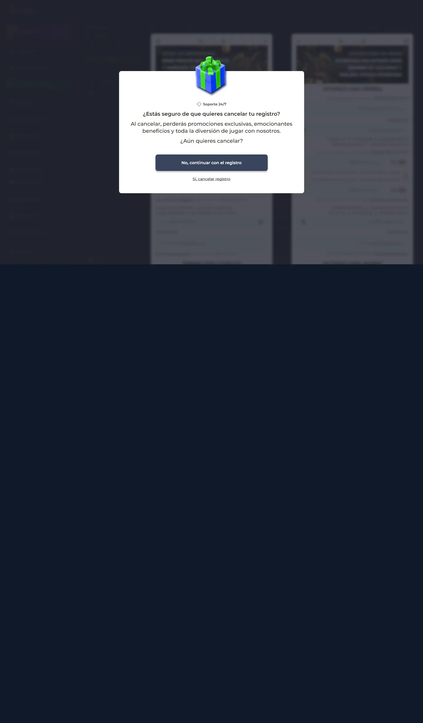 Pantalla de Winpot Deportes con un aviso de registro